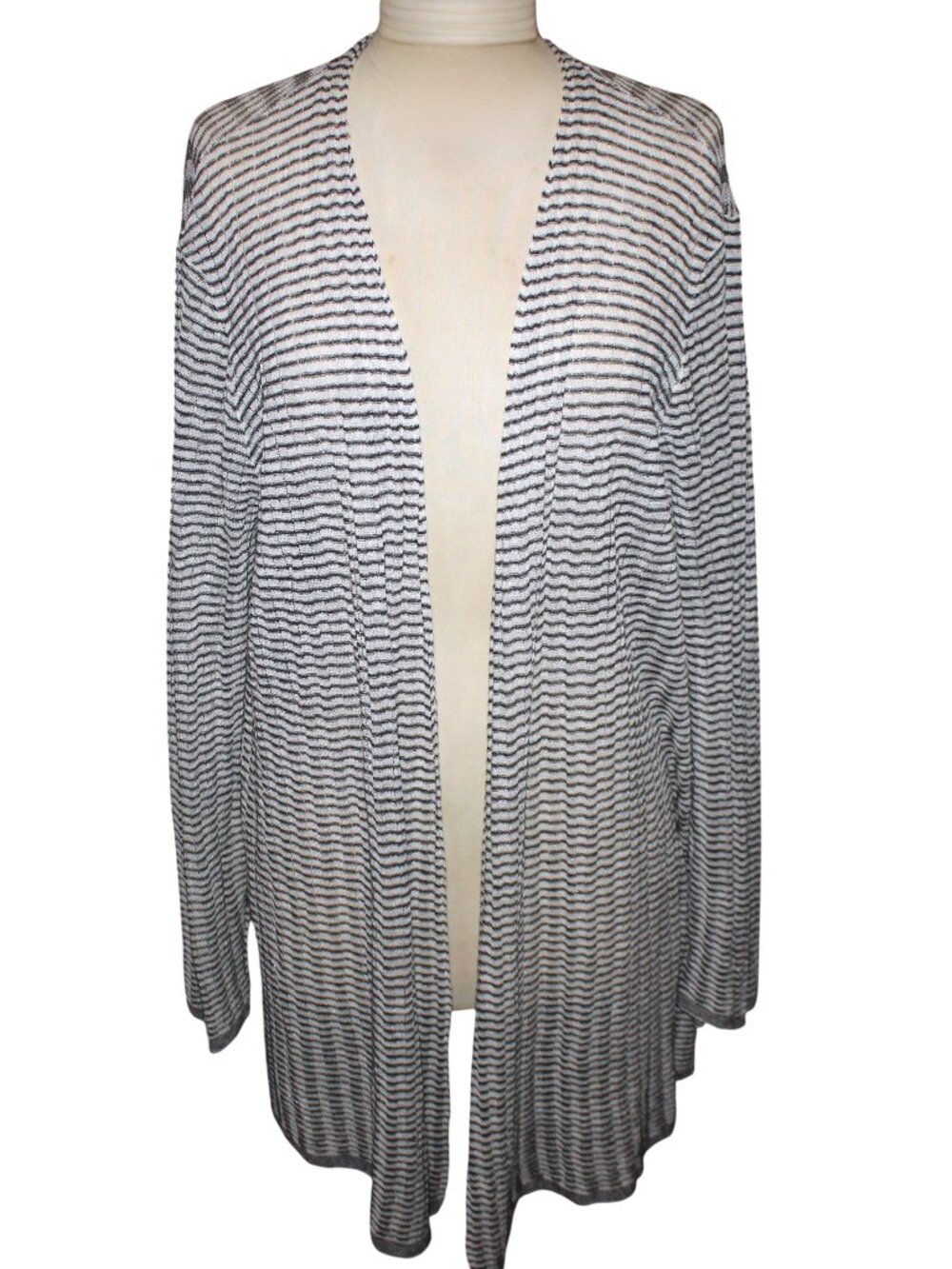 Eileen Fisher Organic Linen Crepe Knit Striped Cardigan XL Quiet Luxury Duster